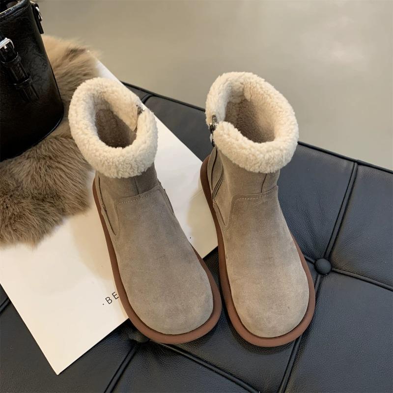Schneestiefel mit dicker Sohle für Damen Winter neue Retro Samt Baumwollschuhe, flachsohlige hässlich-süße flauschige kurze Stiefel für Damen