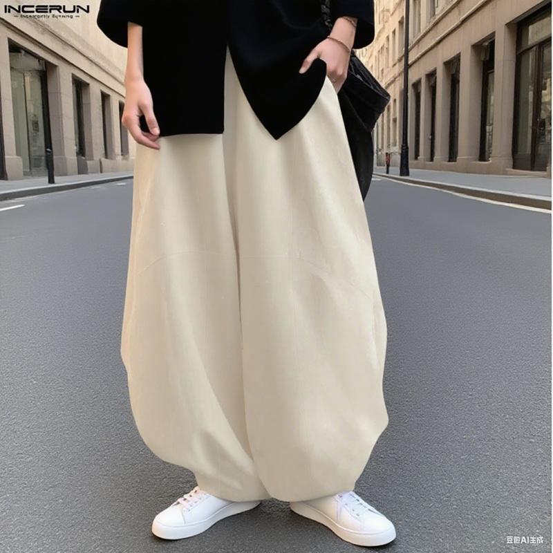 INCERUN Men Elastic Waist Cotton Linen Casual Solid Color Drop-crotch Pants Lantern Trousers