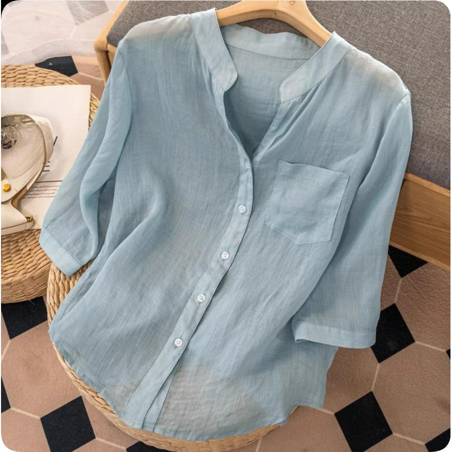 

Casual Style Literary Retro Solid Color Summer Thin Cotton and Linen Shirt Women Loose V-neck Shirt Women s Clothing 3XL світло-синій колір