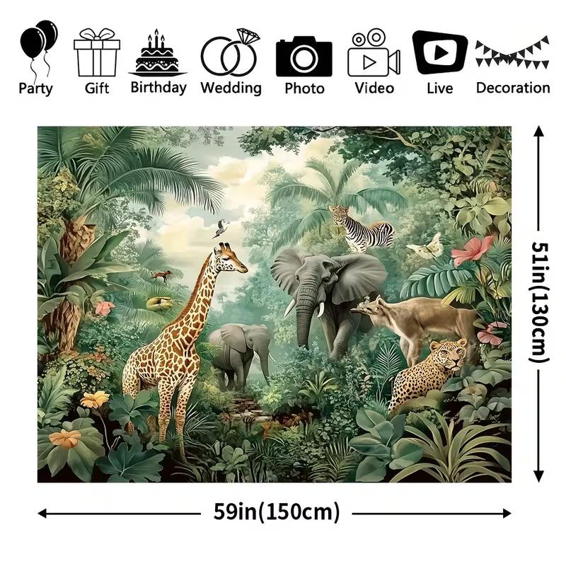 Arazzo Safari Giungla 2D, Appeso a Parete con Animali della Foresta Tropicale per Decorazione Camera da Letto Bambini