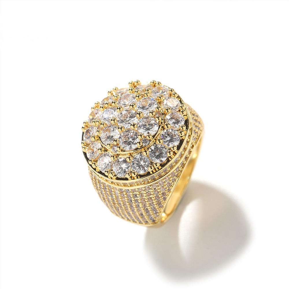 Men's Hip Hop Ring Trendy Retro Copper Material Real Gold Electroplated Flower Diamond Ring Personalized Jewelry