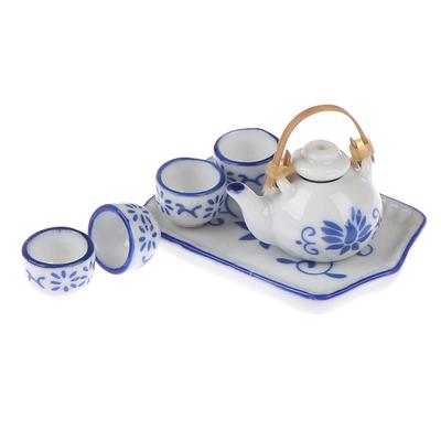 6 Adet Oyuncak Bebek Evi Minyatür Yemek Takımı Mavi Porselen Çay Seti Tabak Fincan Tabak