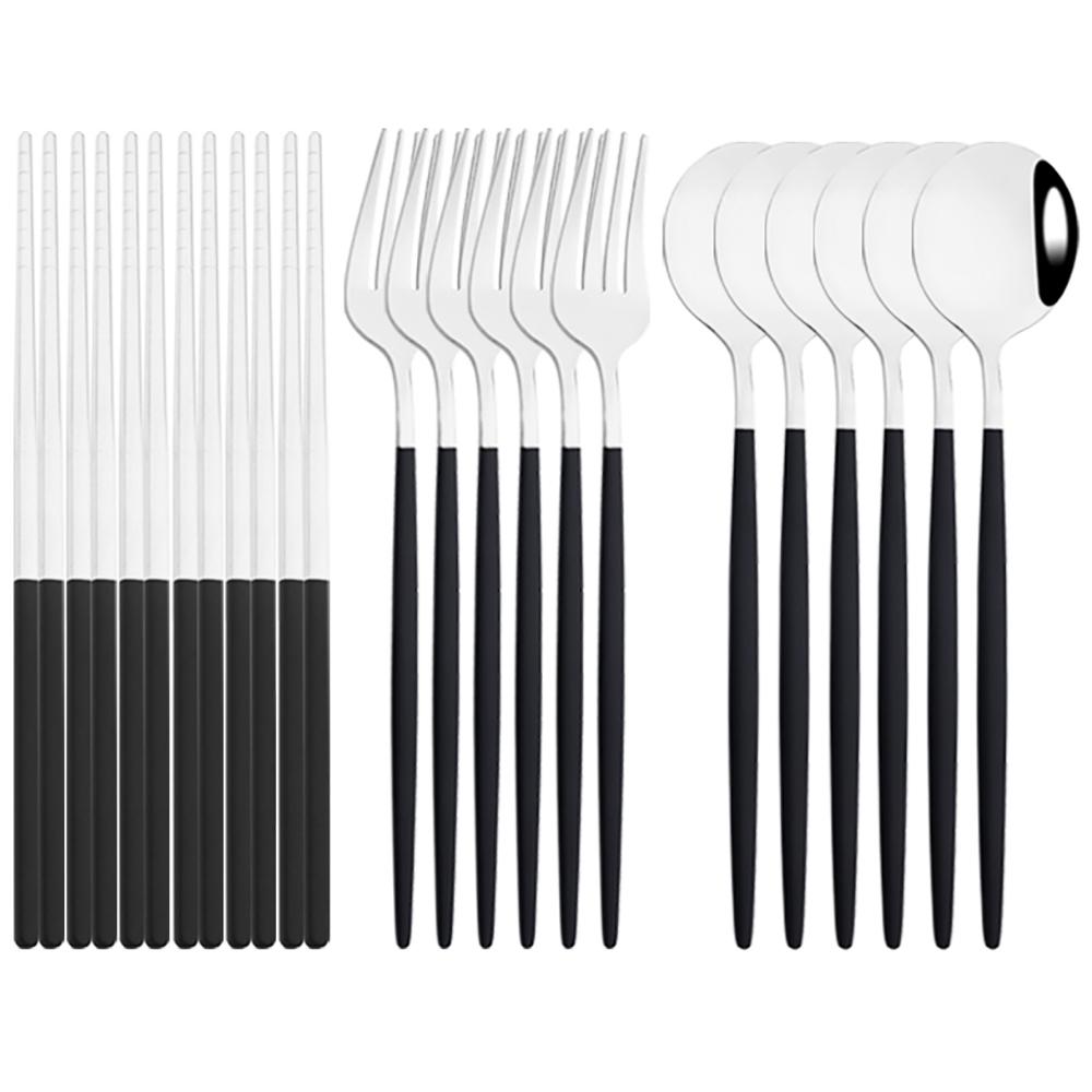 Luxury Chopsticks Knife Fork Spoon Cutlery Set 18/24 Pcs White Gold Dinnerware Set Stainless Steel Flatware Korean Tableware Set