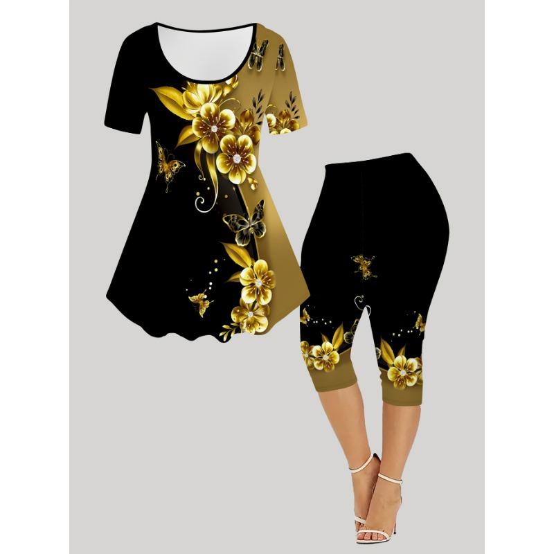 Women s Butterfly Print Fashion Short Sleeve Cropped Pants Suit S