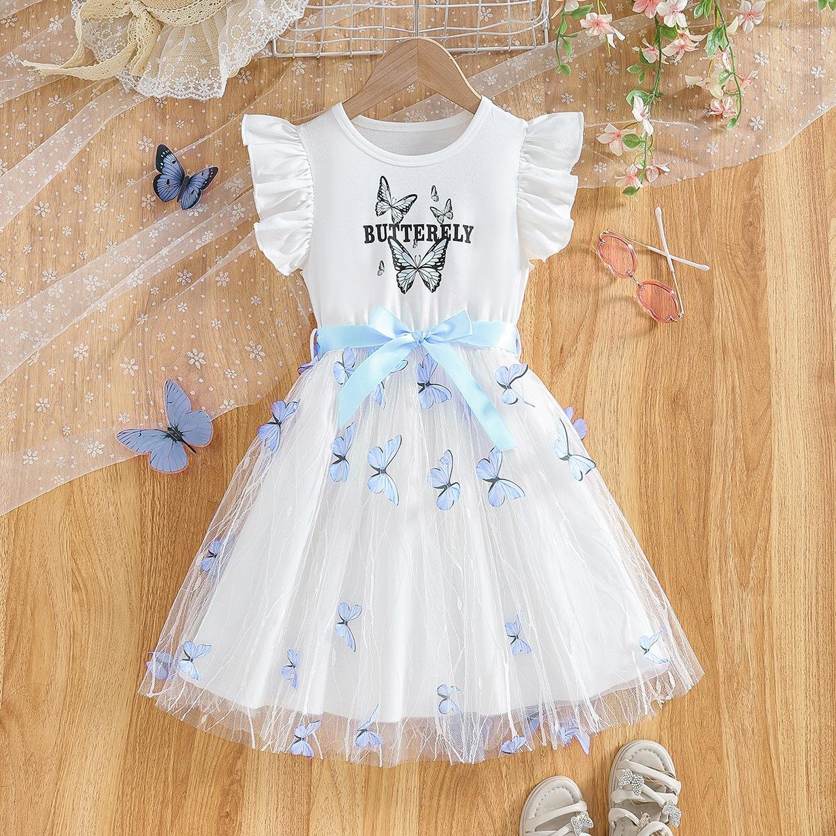 Sweet Butterfly Print Gauze Dress For Girls - Summer Children s Fashion Princess Dress 3-4Y