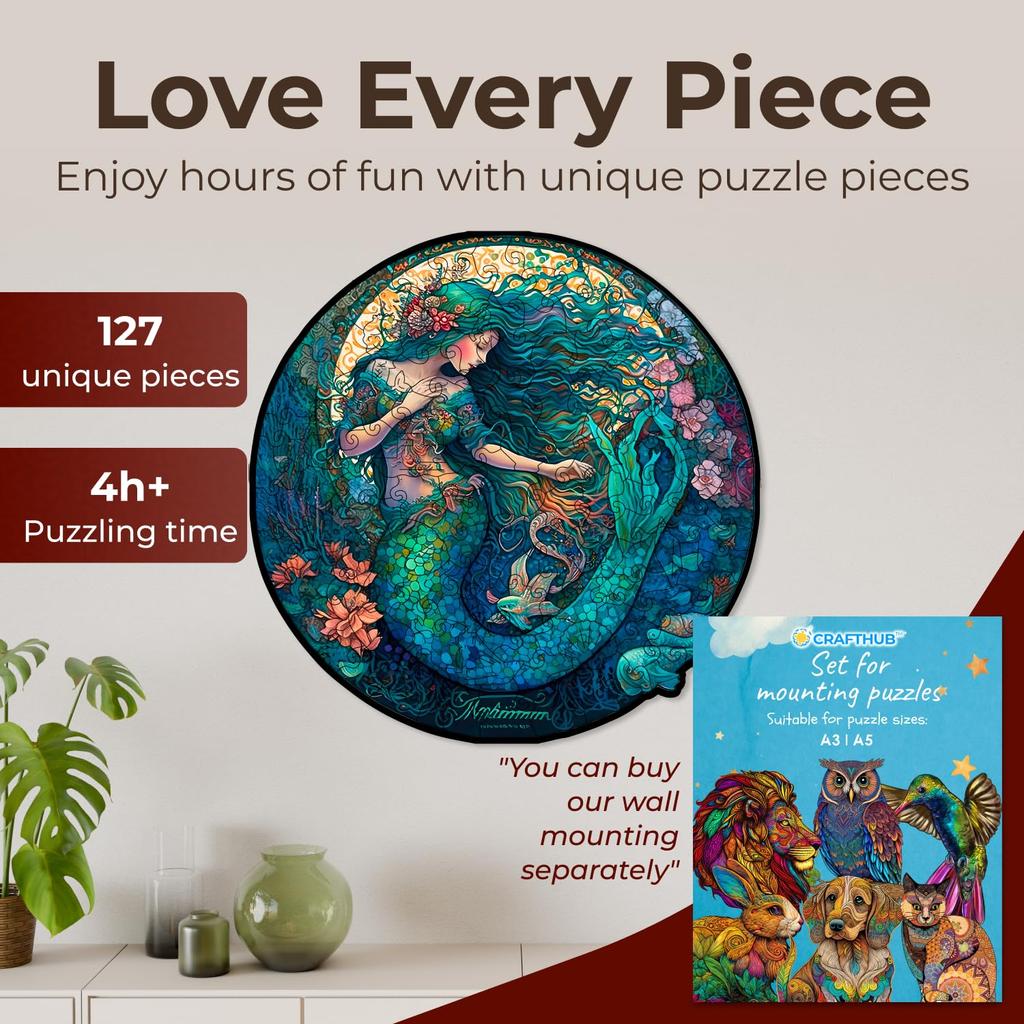 [mysitcal creatures]. CRAFTHUB Wooden Jigsaw Puzzle Dreamy Mermaid - Fun Wooden Puzzle for Adults and Kids, 158 Pieces, A3 Size, 10.9" x 10.9"