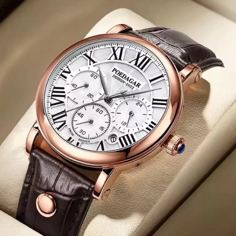 POEDAGAR Men Watch Fashion Chronograph Leather Quartz Watches Waterproof Luminous Sport Sport Wristwatch Six Needle Watch