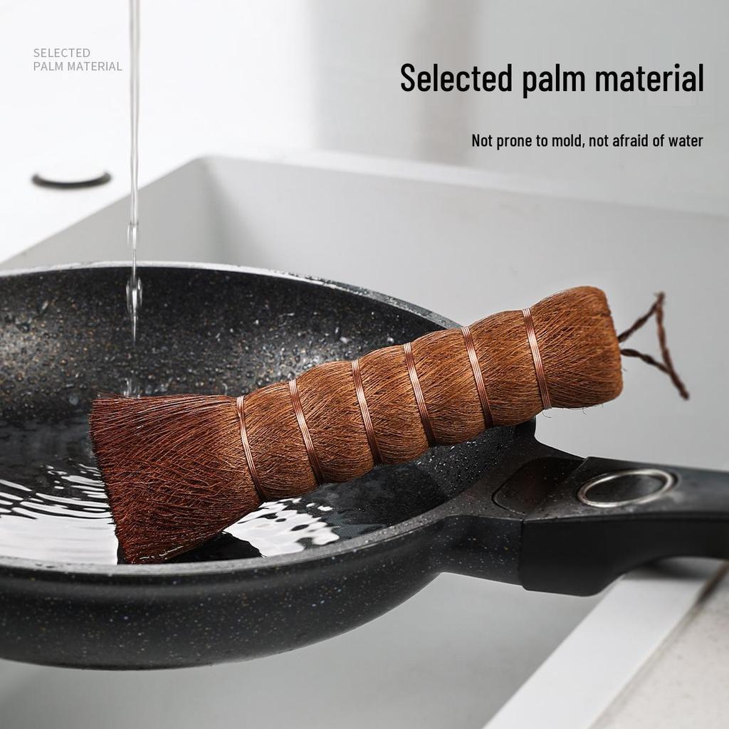 Natural Long-Handled Palm Pot Brush - Gentle on Hands, Ideal for Kitchen Dishwashing