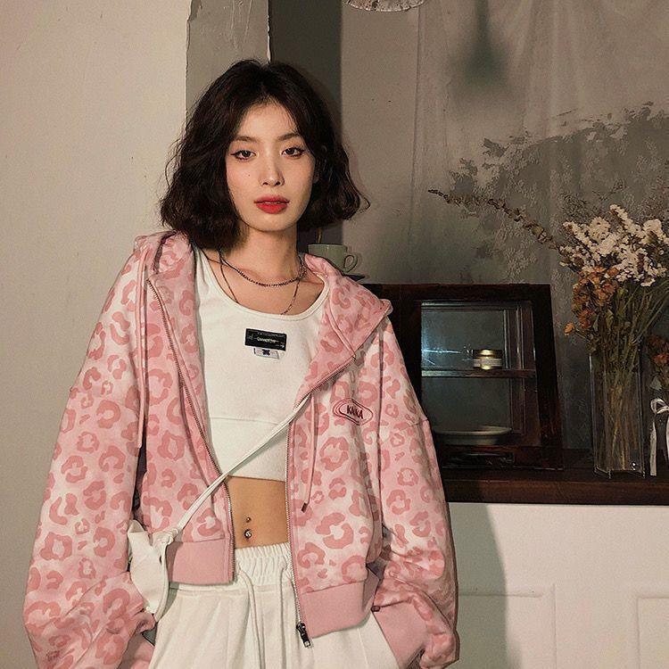 Women's Hooded Long Sleeve Sweatshirt Loose Fit Retro Leopard Print Zip Up Cropped Jacket