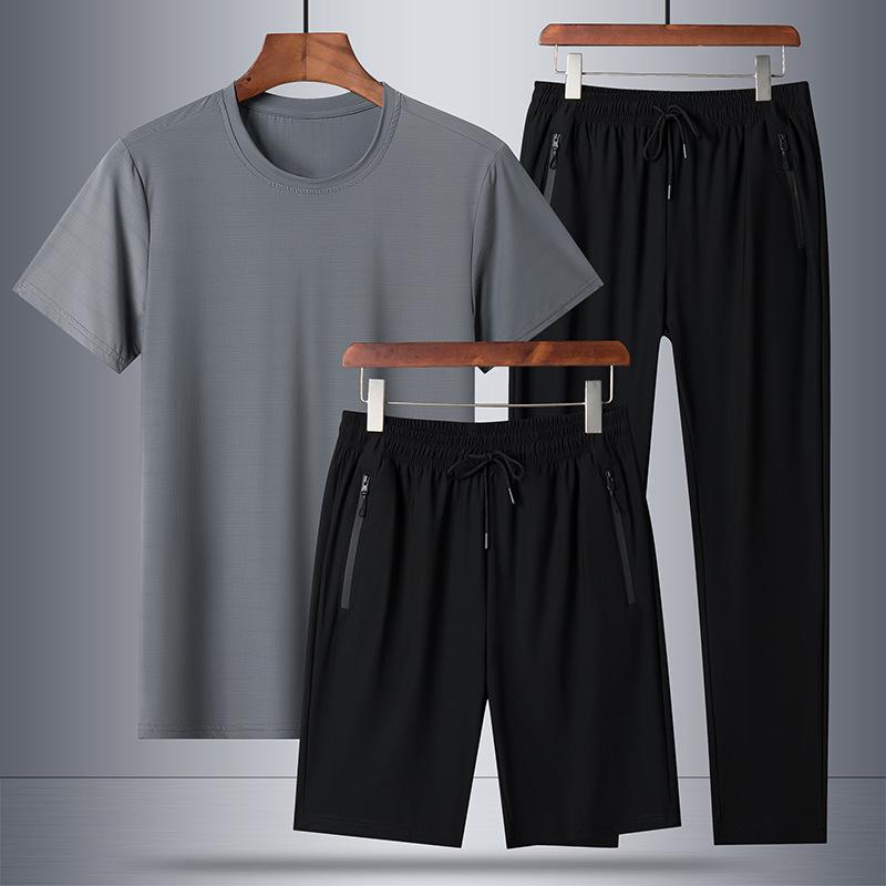 Men's Summer Quick-Dry Ice Silk Solid Color Sports Suit - Large Size Three-Piece Set with Shorts.