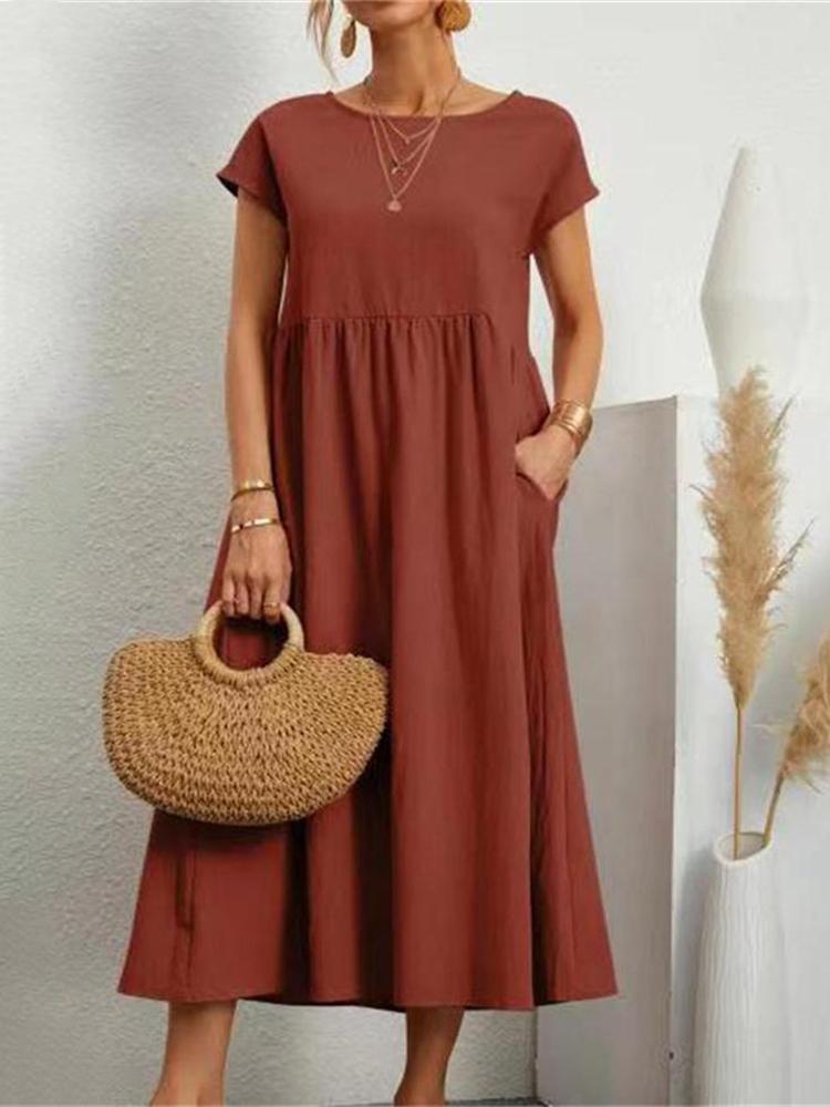 Vintage Solid Midi Dress Casual Short Sleeve Cotton and Linen Harajuku Oversized Long Dress Women Summer Y2K Maxi Sundress 2023