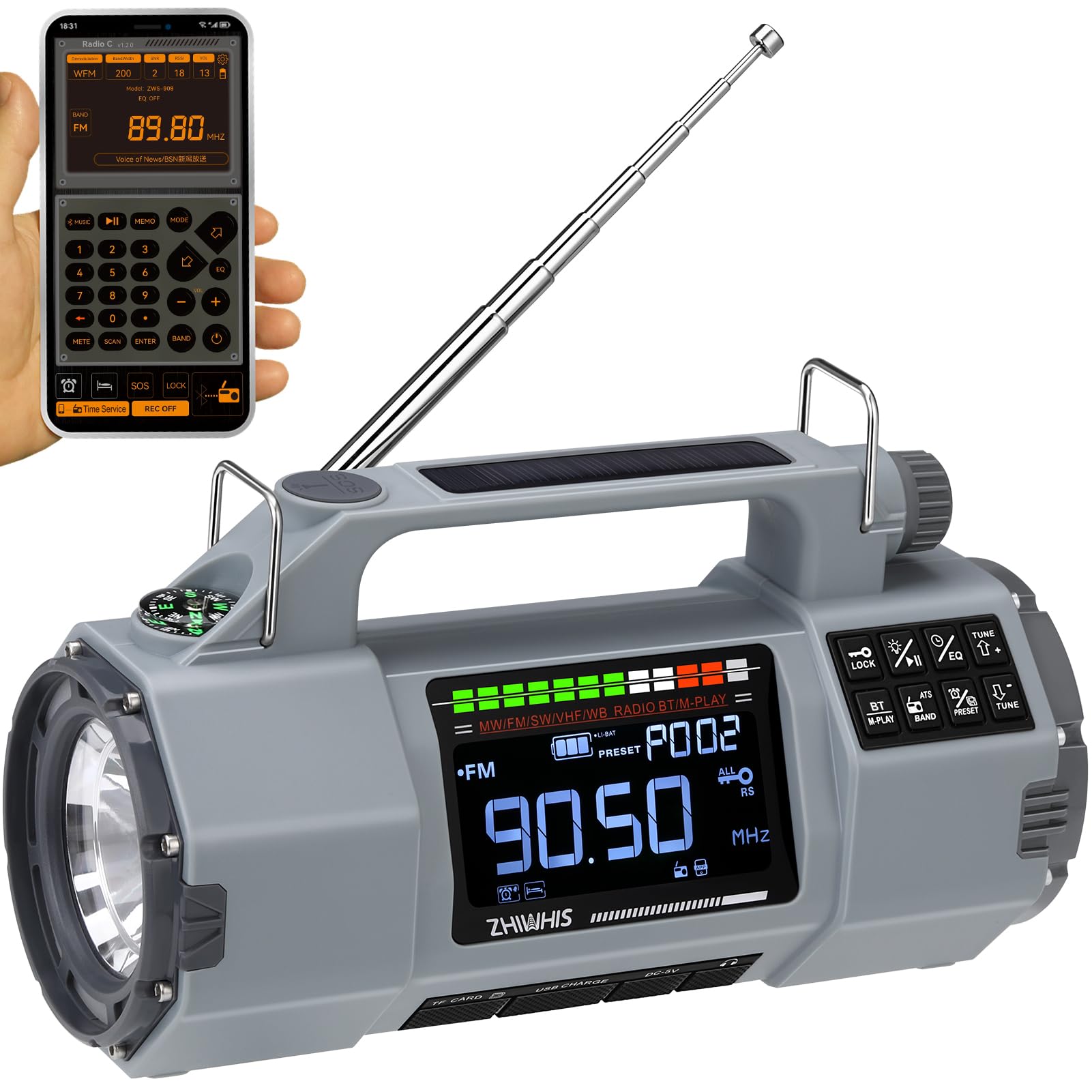 

ZHIWHIS Аварійне радіо з Bluetooth, карткою Micro SD, додатком, FM, ручним та батарейним живленням, для надзвичайних ситуацій при землетрусах та тайфунах, новинка 2025 року, динамік, відтворення, керування, сірий колір