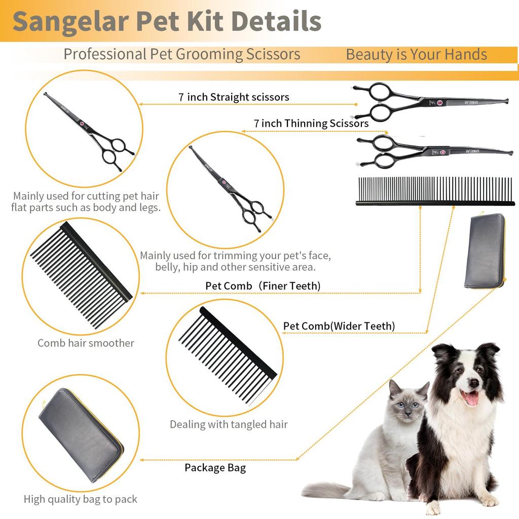 SANGELAR 7-Zoll-Tierpflegescheren-Set mit runder Spitze, professionelles Pflegewerkzeug für die Haarpflege von Hunden, Katzen und Tieren, sichere Verwendung der gebogenen Hundepflegeschere