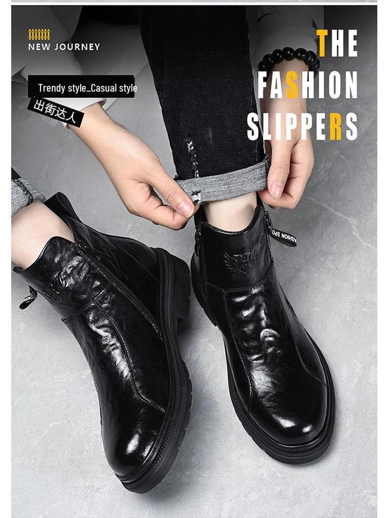 Férfi 2024 Brit Stílusú Fekete Bőr Motoros Csizma - Magasszárú, Vastag Talpú, Légáteresztő, Plusz Bársony.