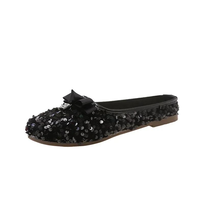 

Fashion Shiny Sequin Slippers Women s Retro Style Flat Bottom Butterfly Knot Casual Summer Sandals Half Slip on Shoes Evening Breeze 35
