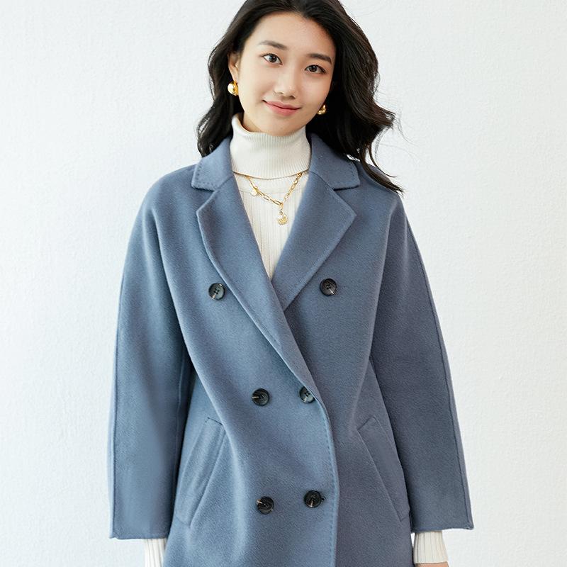 Women's Double-Breasted Wool Coat with Suit Collar - Korean Loose Slimming Style