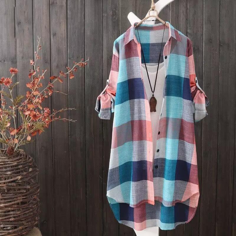 Women's spring and summer sunscreen shirt medium and long large size women's clothing loose and thin fashion plaid shirt jacket