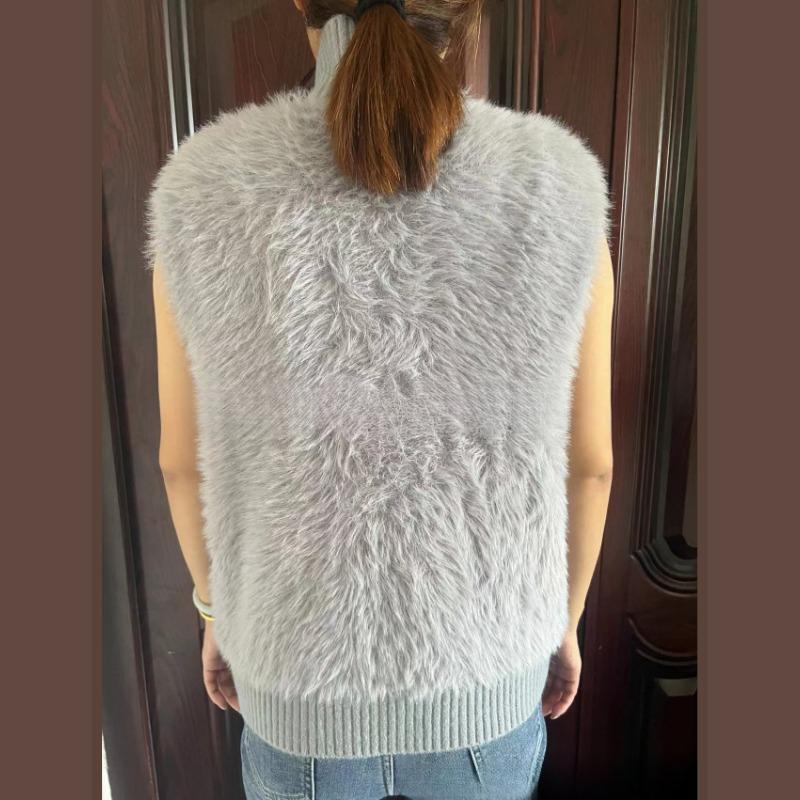 GMXIA Stand-up Mink Velvet Sleeveless Jumper Women's Coat Autumn and Winter Loose Temperament Elegant Knitted Cardigan