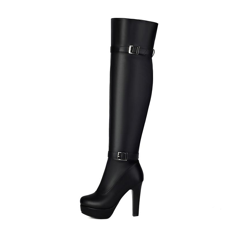 Women's High-heeled Boots, Sexy European and American Style Waterproof Platform Thick Heel Solid Color Large-size Knee Boots