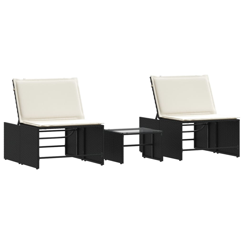 Modular Sun Loungers 2 pcs with Table Black Poly Rattan