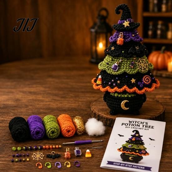 Akcesoria do szydełkowania z narzędziami Zestaw Drzewko Halloweenowe, Zrób To Sam Czarny Kot Dynia Wiedźma Przyjazny dla Początkujących Włóczka Rzemiosło Kapelusz Duch Zestaw do Tworzenia na Święta