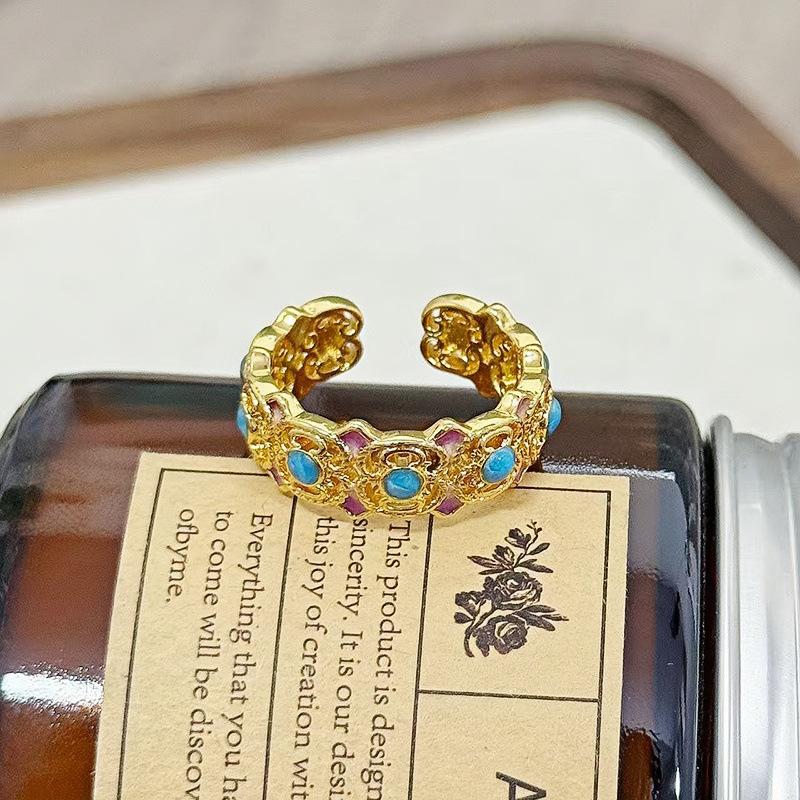 Court Style Retro Sweet Cool Colorful Enamel Drip Glaze Temperament Ring Female Flower Niche Ring