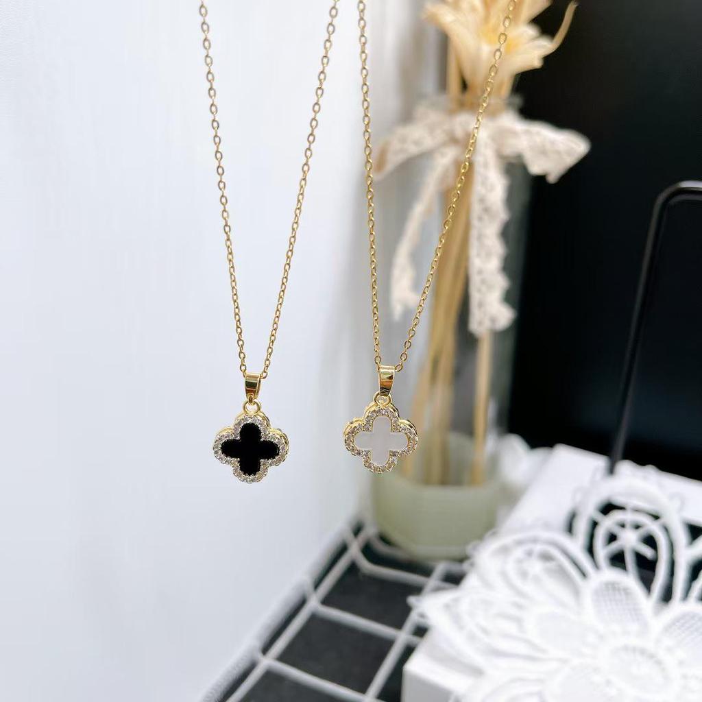 Elegant Double-Sided Four-Leaf Clover Necklace - Rose Gold Plated with Black & White Enamel, Micro-Inlaid Zirconia for Women