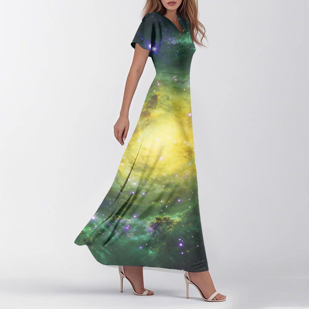 Women's Summer Casual Fashion -Print V-Neck Short-Sleeve Patchwork Dress