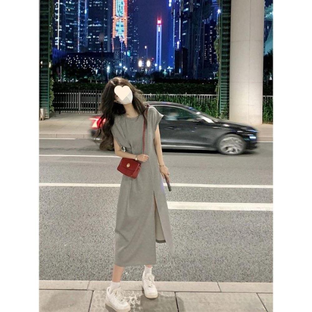 New thin niche gray casual T-shirt dress elegant women's summer women's clothing split-ended long dress