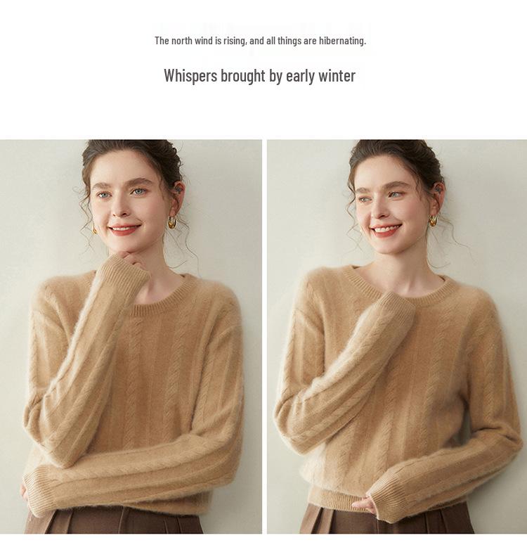 Women's Solid Color Cashmere Pullover: Round Neck, Seven-Stitch Cable Knit, Comfortable and Gentle Style, Warm Base Layer Sweater.
