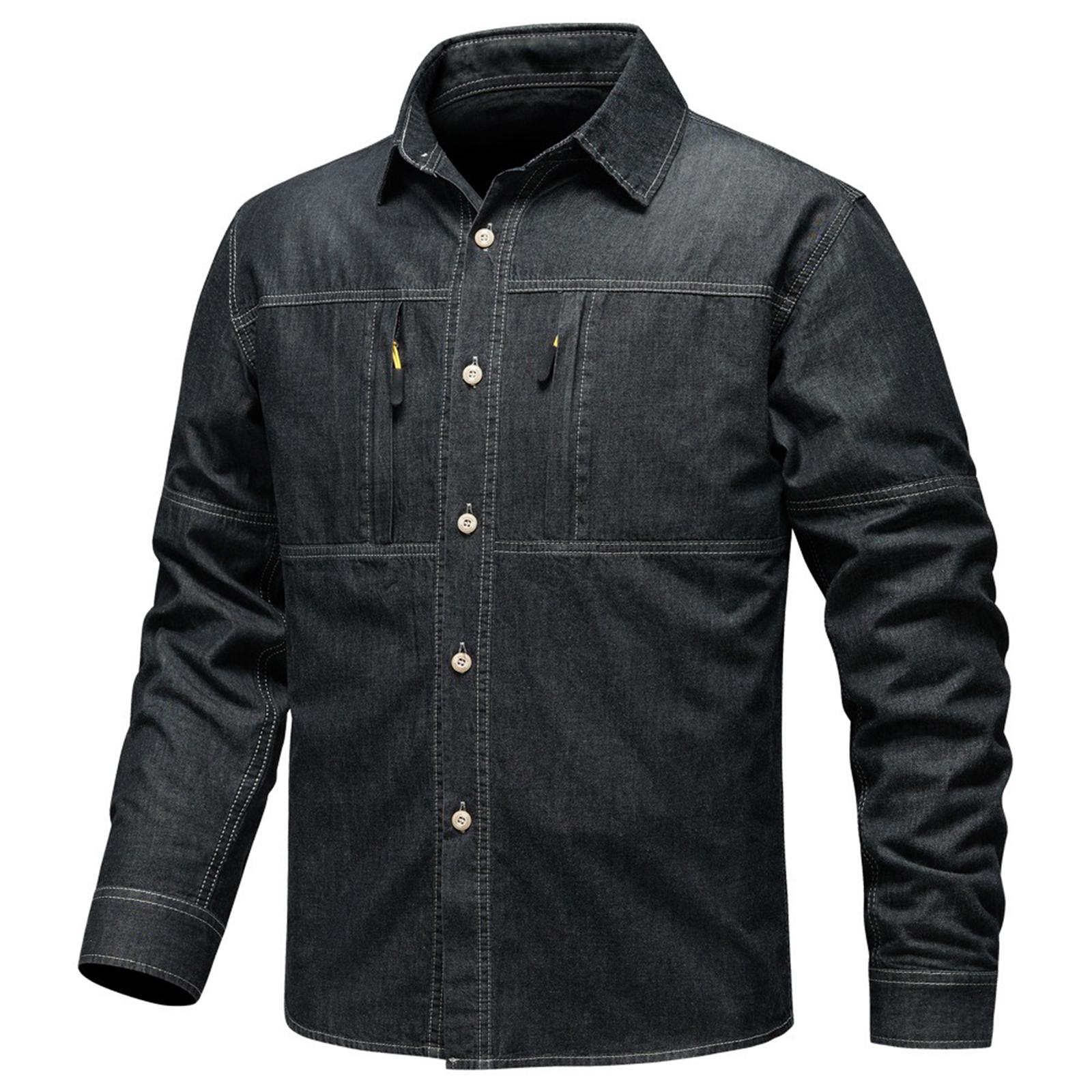 

Men s Long-Sleeved Denim Shirt Casual Shirt Slim Fit Top L чорний