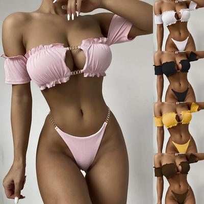 Women's Swimsuit Solid Color Lace Short Sleeve Sexy Bikini Chain Thong Brazilian Beachwear Bathing Suits
