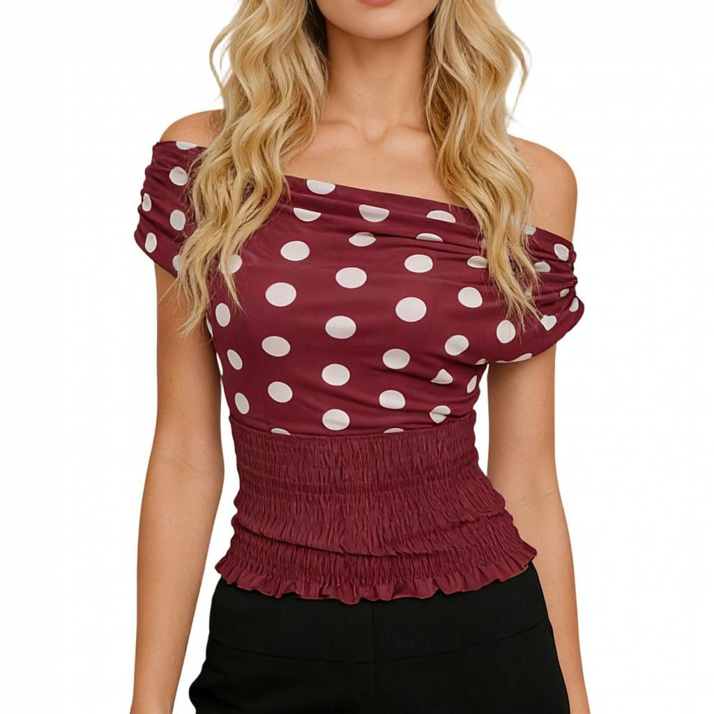 New Women's Street Versatile Polka Dot Printed One-Word Shoulder Pleated Waist Lace Top