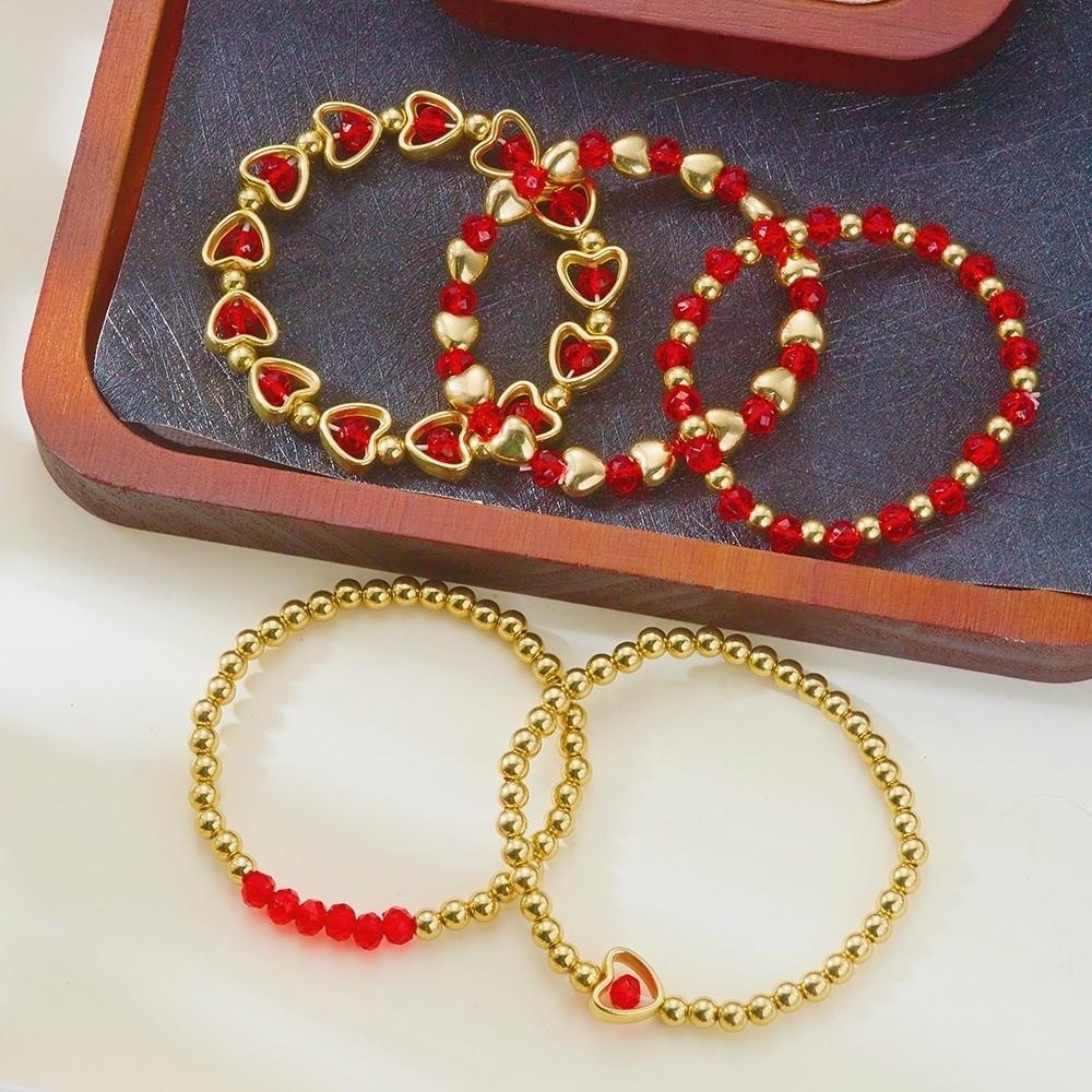 5PCS/SET Elegant Crystal Heart Bracelet Dainty Universal Beaded Bracelet Set Stretch Design Color Blocking