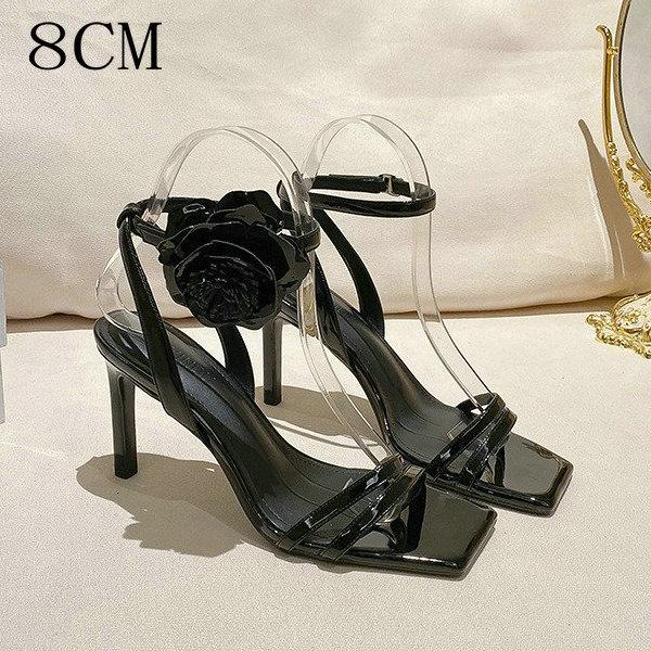 

Fashion 2025 New Niche Designer Square Head Patent Leather Flower Open-Toe Line With High Heel Sandals Large Size 42.43 40