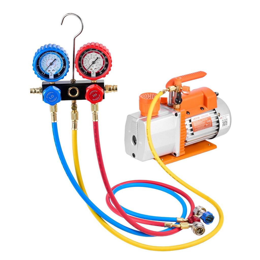 AC Vacuum Pump and Gauge Set, 7 CFM 198 L/min, Two Stage Rotary Vane HVAC Vacuum Pump, A/C Manifold Gauge Kit, for R134a R22 R410a, with Leak Detector