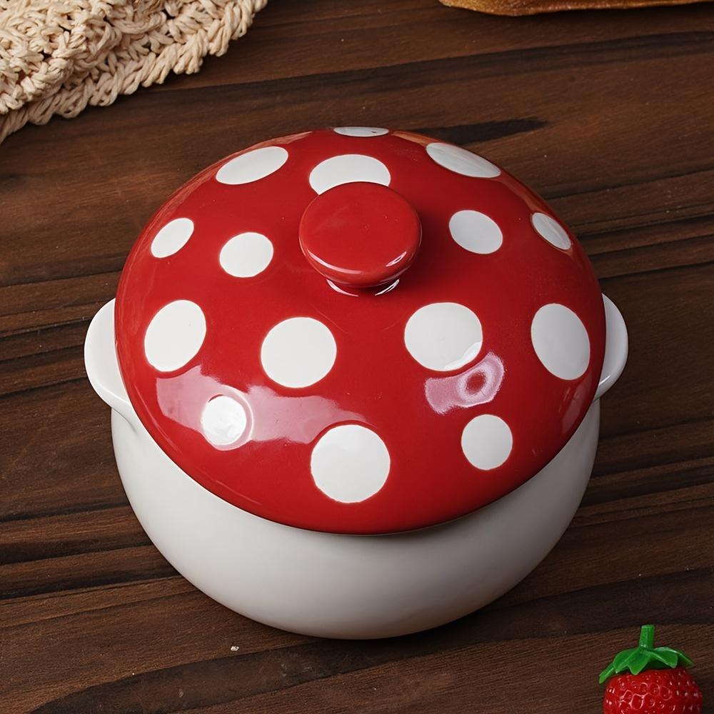 1pc Charming Red Mushroom-Shaped Ceramic Soup Bowl with Handle and Lid , Ideal for French Onion Soup, Pot Pies, Cereals
