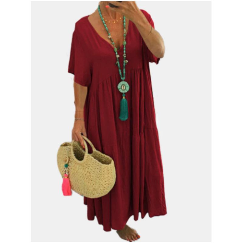 Women Summer Fashion Solid V-Neck Plus Size Dress Loose Long Oversized Casual Short Sleeve Dress