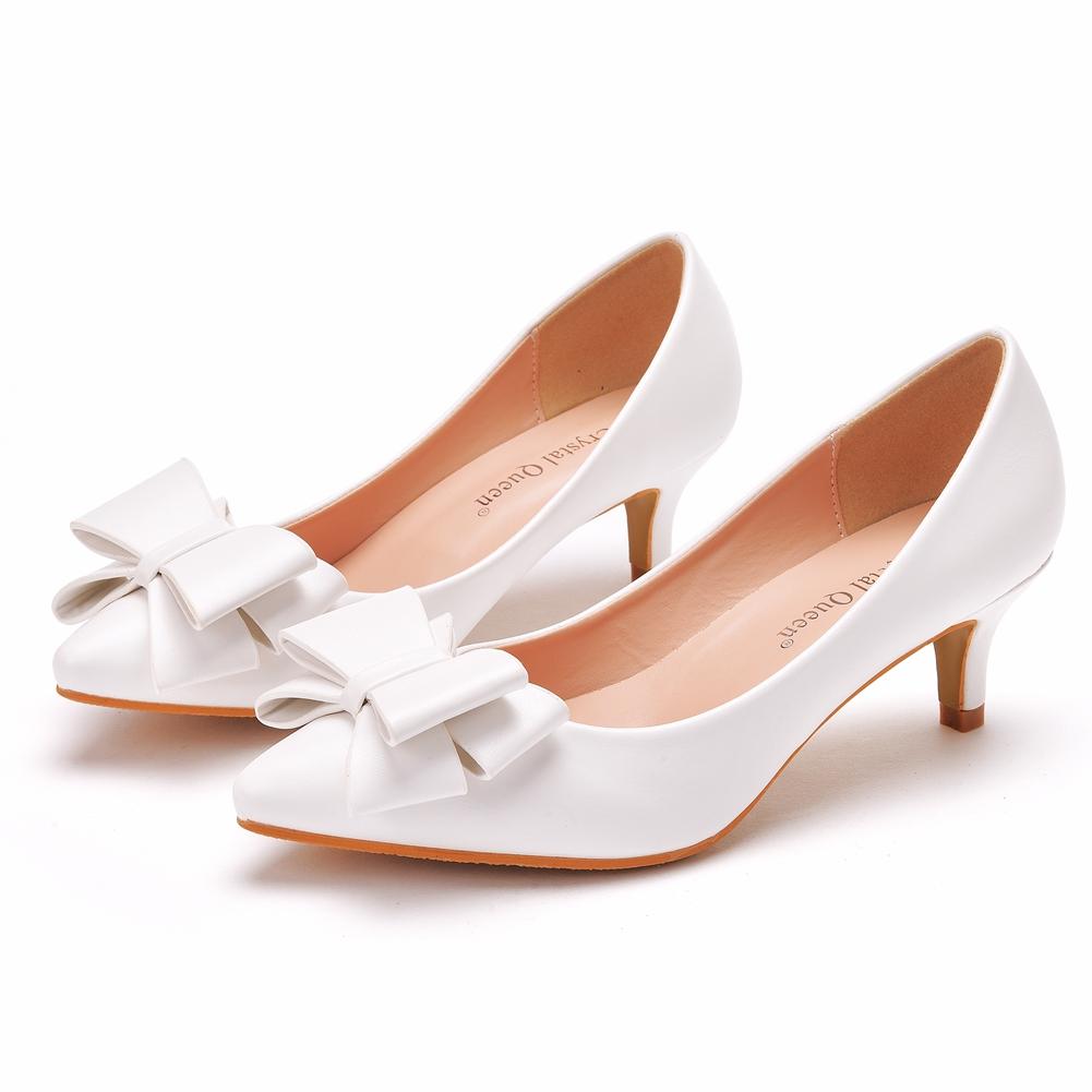 Crystal Queen Spring Summer Women Pumps Sweet Bowknot High-heeled Shoes White High Heels Pointed Stiletto Elegant 5cm