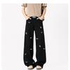 Mens Embroidered Denim Jeans Loose Straight Leg Washed Streetwear Pants