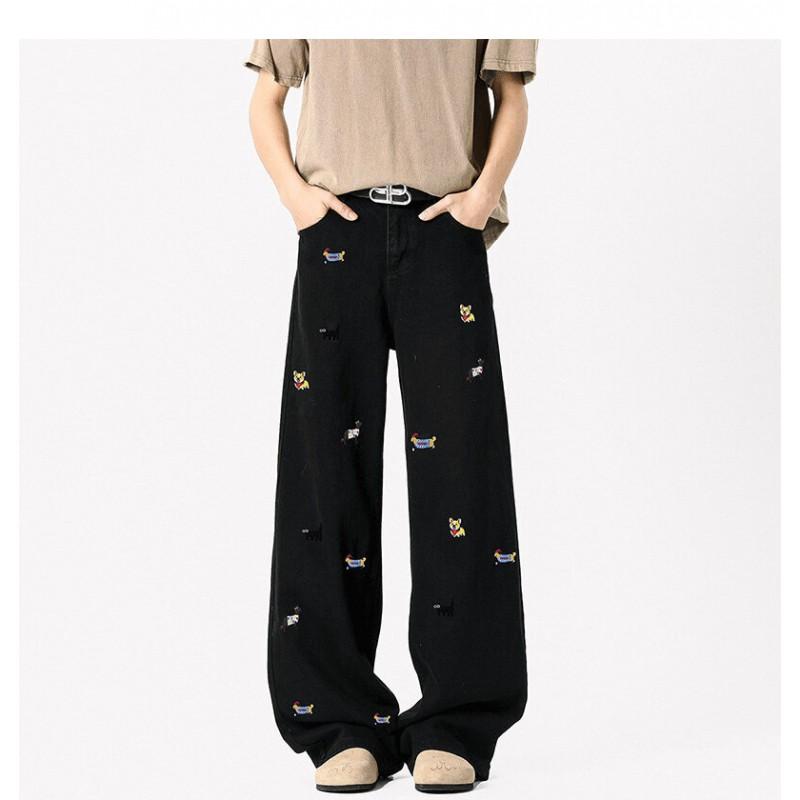 Mens Embroidered Denim Jeans Loose Straight Leg Washed Streetwear Pants