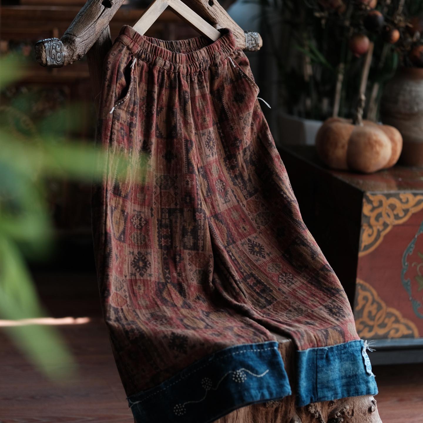 Johnature Women Vintage Print Floral Pants