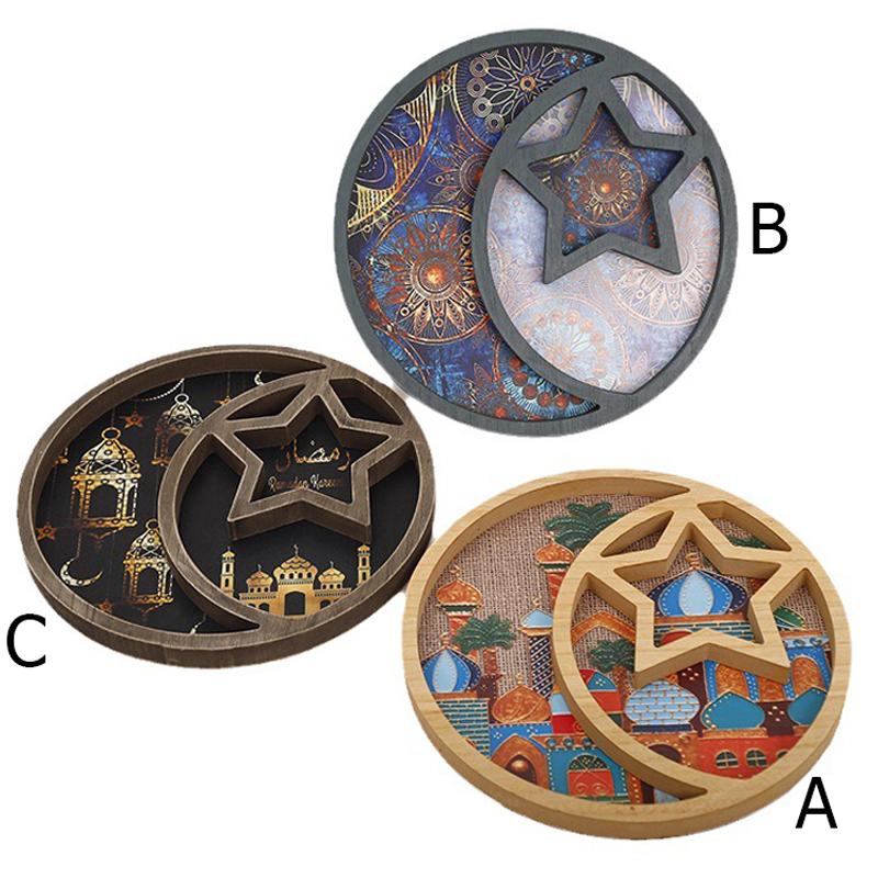 Ramadan Moon Star Serving Tray - Eid Cupcake Candy Plates Mubarak Religious Painting for Family Party Wooden Decorations