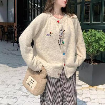 Dopamine Sweet Round Neck Colorful Buckle Dog Embroidery Long Sleeve Sweater Cardigan Women's Autumn Korean Versatile Top