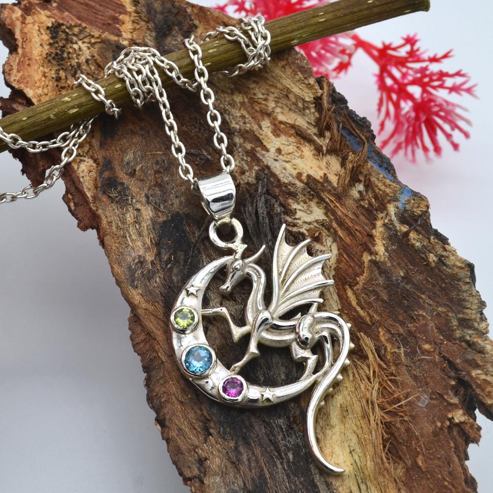 Peridot Amethyst Blue Topaz Gemstone 925 Sterling Silver Jewelry Dragon Pendant Necklace