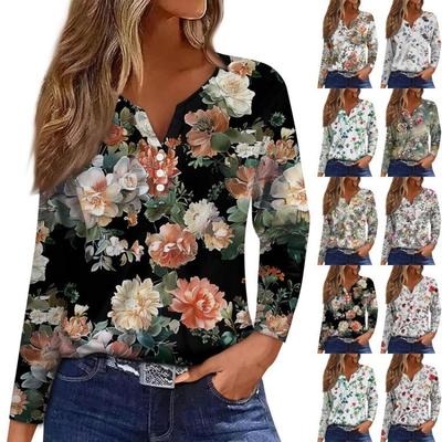 Women Floral Print V Neck Long Sleeve T Shirt Basic Top Casual Daily Wear Fashion Tee Weekend Button