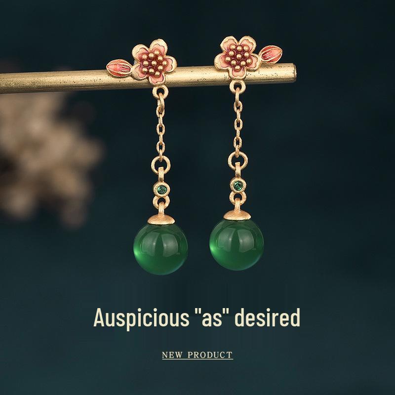 Guochao Cloisonné Enamel Stud Earrings with Natural Chalcedony Tassels