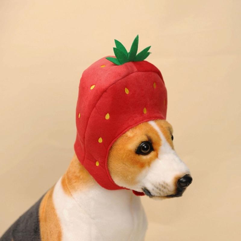 Dog Strawberry Costume Hood Hat, Soft Plush Pet Photo Hat for Halloweens Party Dressingup, Theme Event, and Quick Pullon Costume Styling