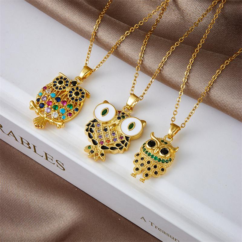 Stainless Steel Chain Colorful Zircon Cute Owl Pendant Necklaces for Women Girls Lovely Owl Charm Jewelry Accessories Gifts