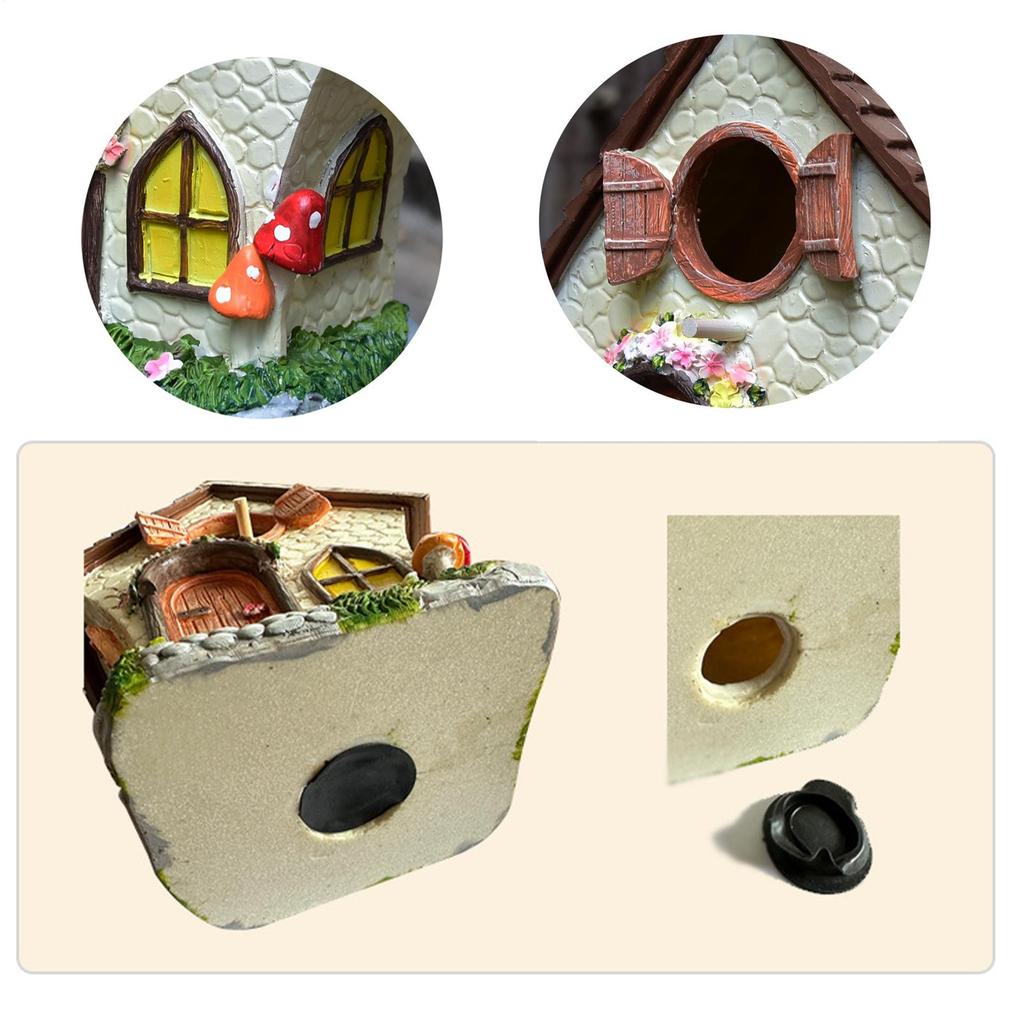 Outdoor Fairy Garden Bird House 8.3-inch Hand-painted Resin Decorated Bird Nest With Chain Waterproof Cute Bird House